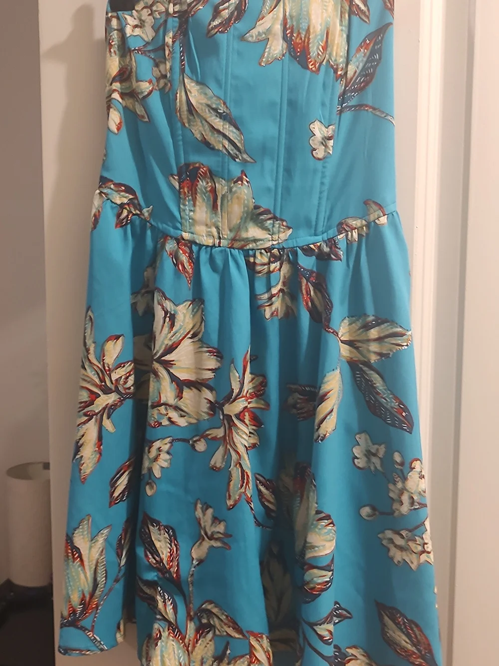 Strapless Floral Satin Dress in Teal